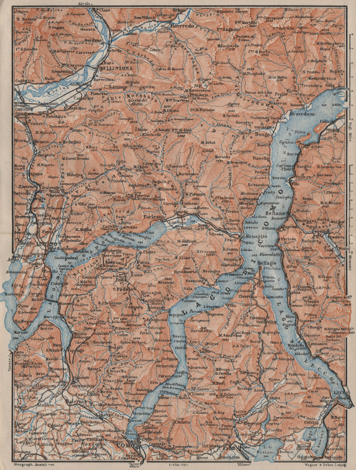 LAKES/LAGO DI COMO & LUGANO. Lecco Bellinzona. Topo-map. Italy mappa 1905